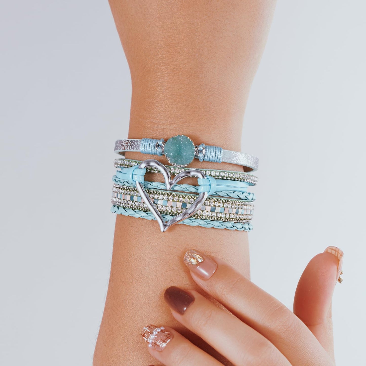Becklynn Boho Leather Wrap Bracelets Beaded Crystal Stackable Cuff Bracelet with Magnetic Clasp Cowboy Cowgirl County Concert Outfits Western Jewelry Gifts for Women(Heart Teal)