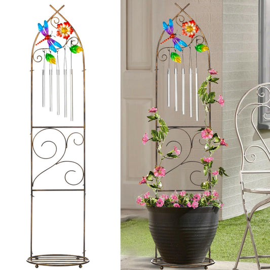 Garden Trellis with Plant Stands, 48” Metal Detachable Dragonfly Plant Pot Trellis with Wind Chimes for Climbing Plants Outdoor Lawn Patio Porches Decor