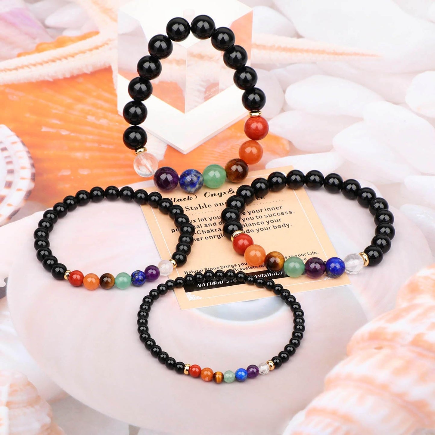 AD Beads Handmade Gemstone Stretch Elastic Bracelet Crystal Healing Reiki Nature's Beauty and Spiritual Essence Unisex (8mm, Onyx & 7-Chakra (Stable and Balance))