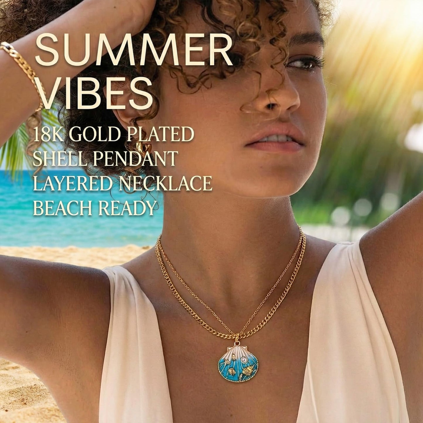 Gmai Double Layer 18K Gold-Plated Seashell Necklace,Enamel Ocean Pendant with Starfish,Crab & Faux Pearl 18in Adjustable Stainless Steel Chain for Women, Perfect for Summer Beach Party & Vacation (Gold, Animal)