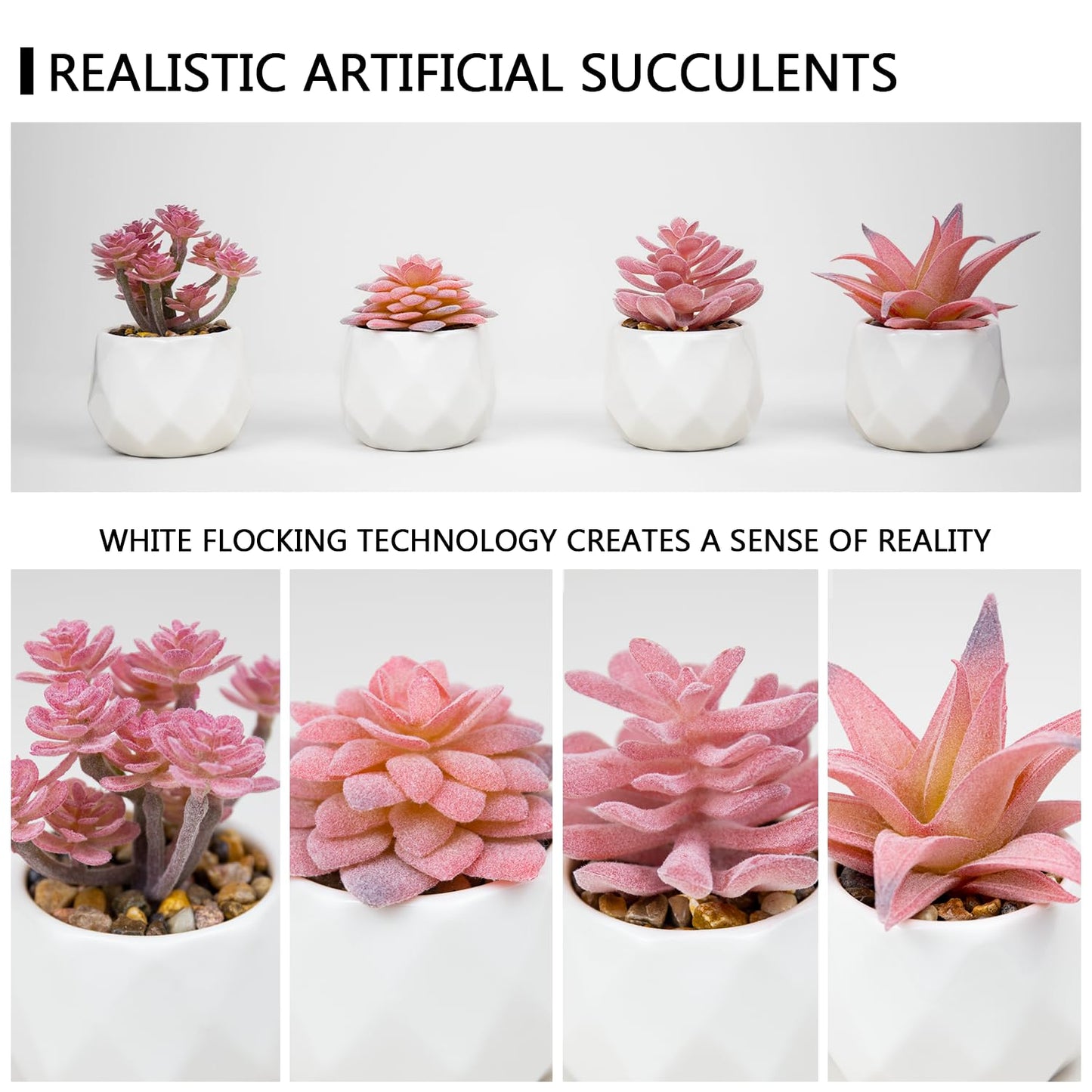 VIVERIE Mini Faux Succulents Plants Artificial in Pots-Rose Pink Desk Accessories, Small Fake Succulents Plants for Home Decor Indoor for Women, White Ceramic, Set of 4