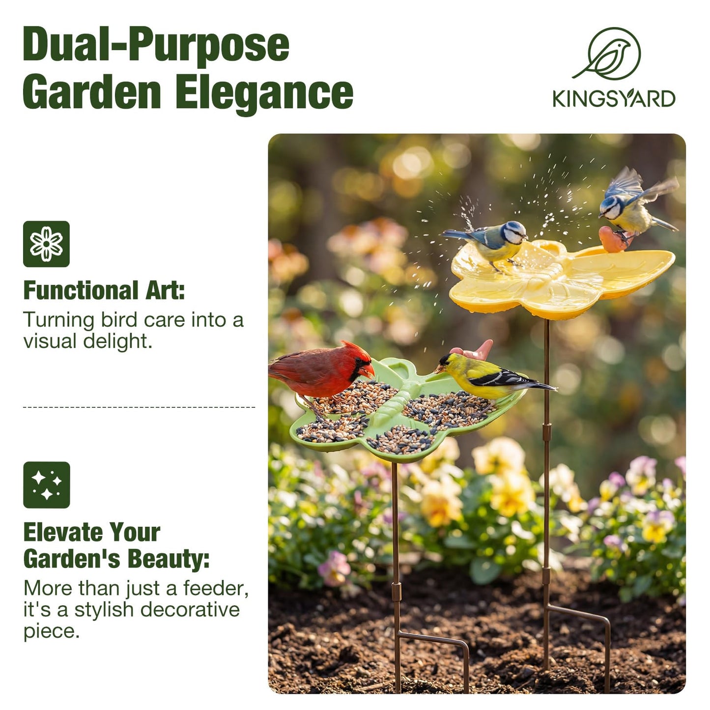 Kinsgyard 2 Pack Free Standing Tray Bird Feeders with Adjustable Pole, Wild Bird Bath for Outdoor Garden Yard Decor, Large Seed Capacity, Easy to Clean and Refill, Yellow & Green