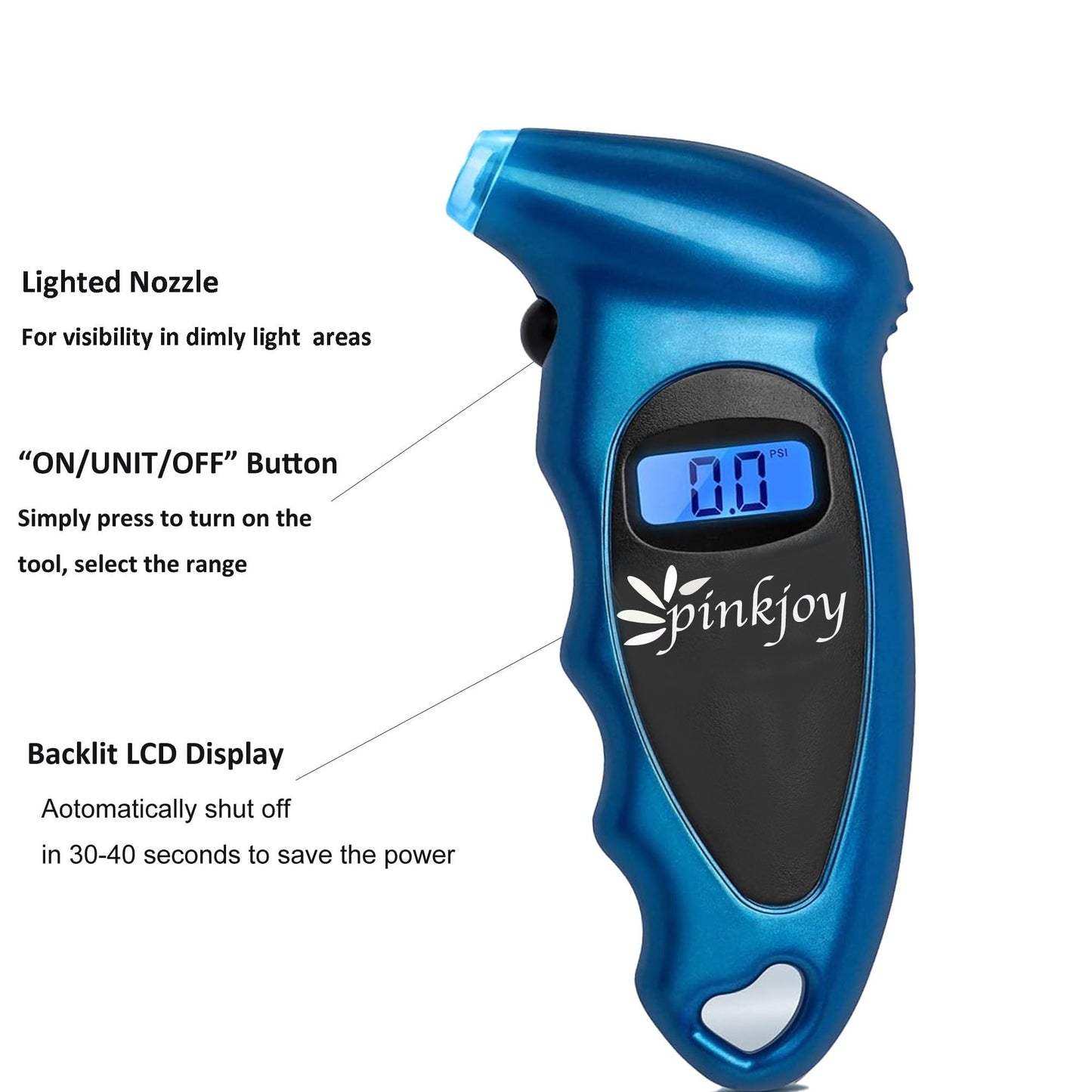 PINKJOY Digital Tire Pressure Gauge 150 PSI, 4 Settings, Tire Gauge for Car, Truck, Motorcycle, Bicycle with Backlit LCD and Non-Slip Grip (Blue)