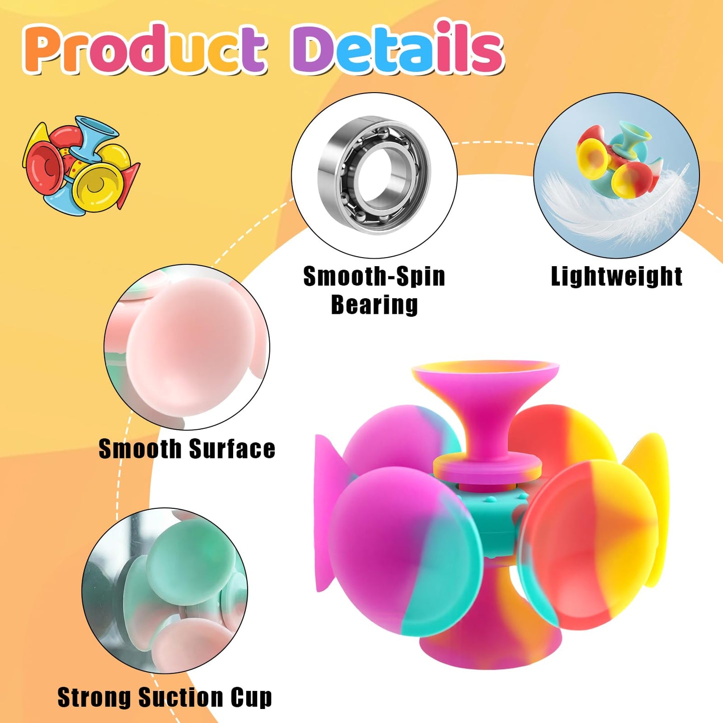 Kiditos Suction Cup Spinner Toys, 4 Pack Sensory Fidget Toys for Toddlers, Kids & Adults, Screen-Free Stick and Spin Toy for Window, Table, Bathtub, Car Rides, Travel, Office Desk, Party Play