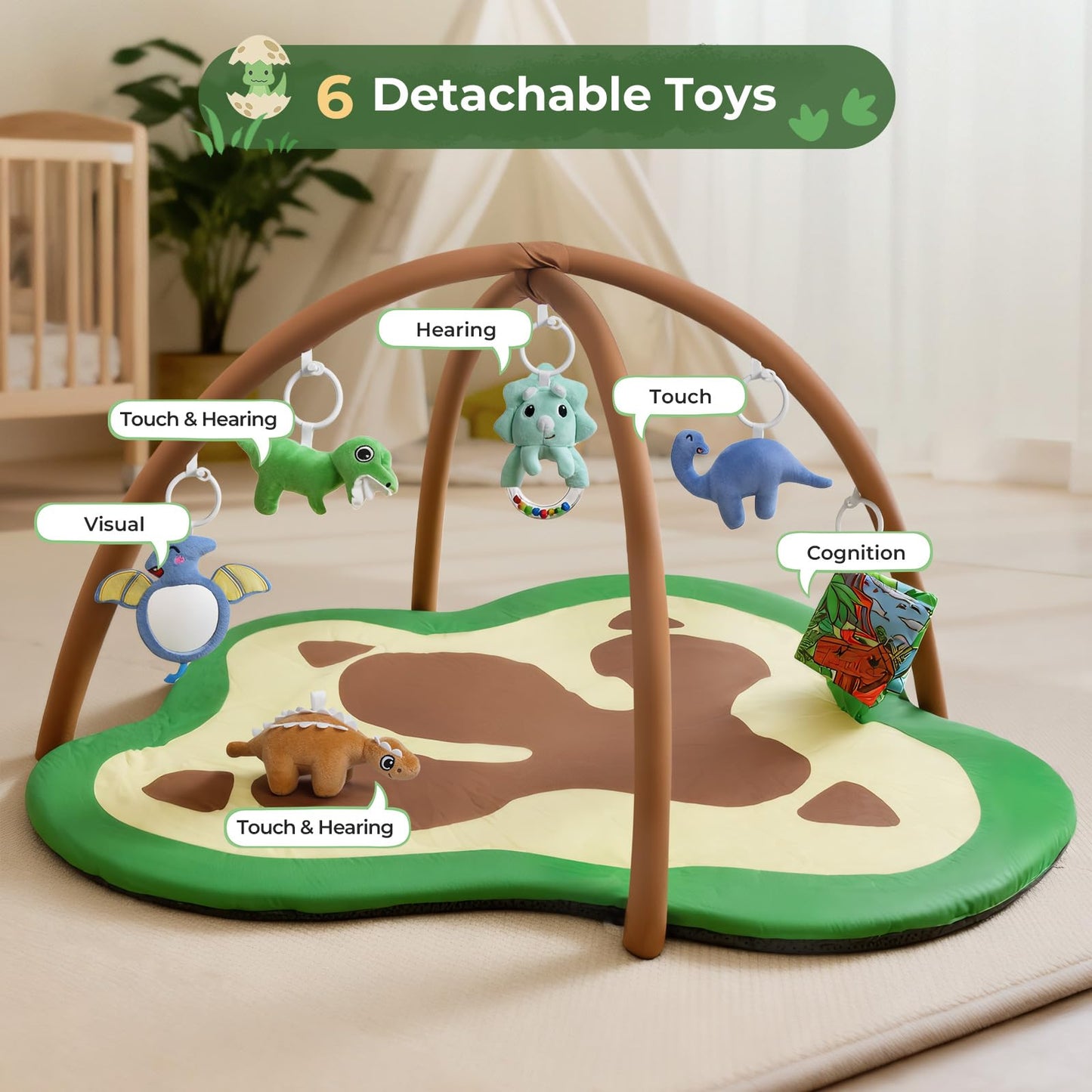 bopopo Baby Gym Play Mat, Oversize Dinosaur Claws Shaped Tummy Time Mat with 6 Detachable Baby Activity Toys, Baby Play Mat Promote Motor Skills & Sensory Development, Newborn Infant Essentials Gift