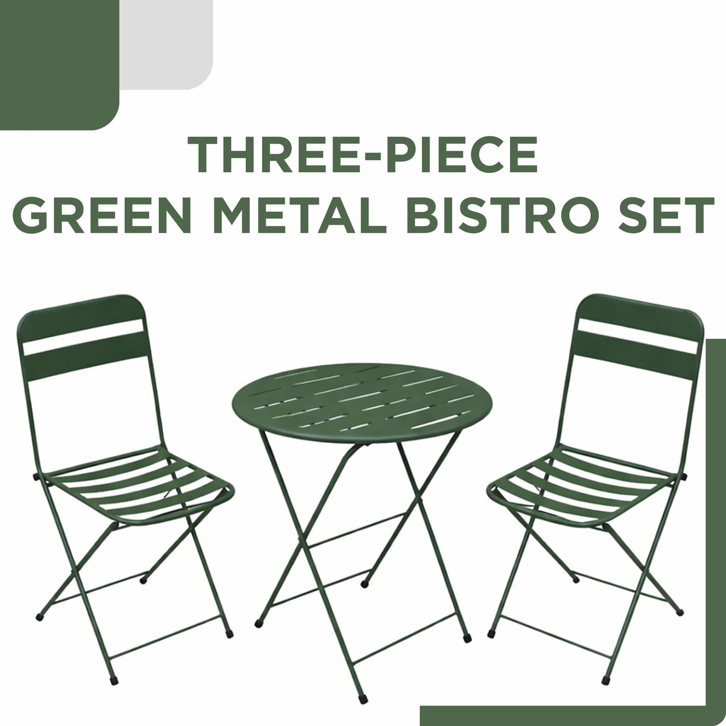 Alpine Corporation VTFAM168A-GN 3-Piece Green Metal Folding Bistro Set – 20" Round Patio Table with 2 Folding Chairs – Portable Indoor/Outdoor Balcony & Garden Furniture Set