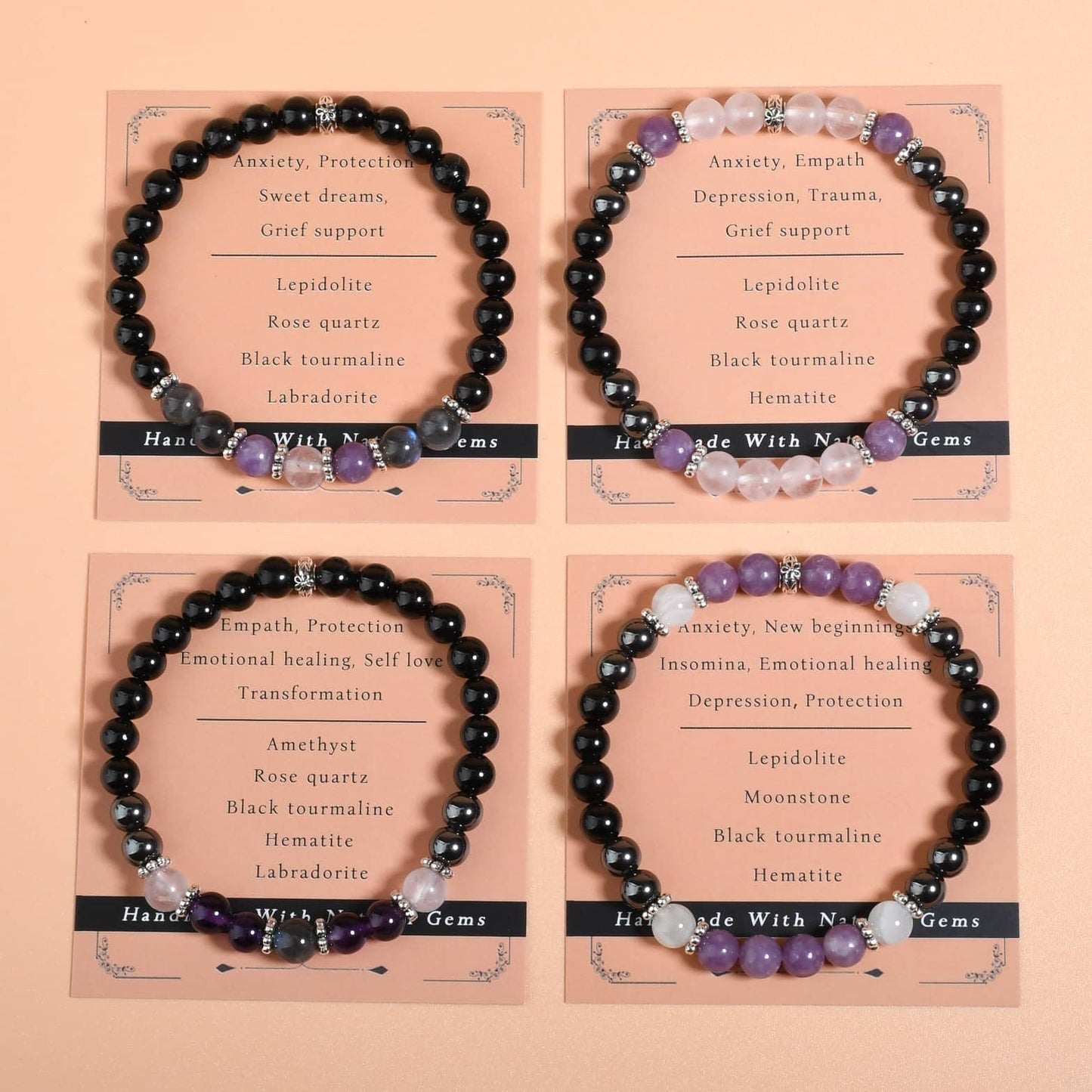 Gracayfr Anxiety Relief Bracelet Empath Protection Black Tourmaline Hematite Lepidolite Rose Quartz Healing Crystal Grief Support Items Jewelry Halloween Christmas Day Gifts For Women Lepi Ros