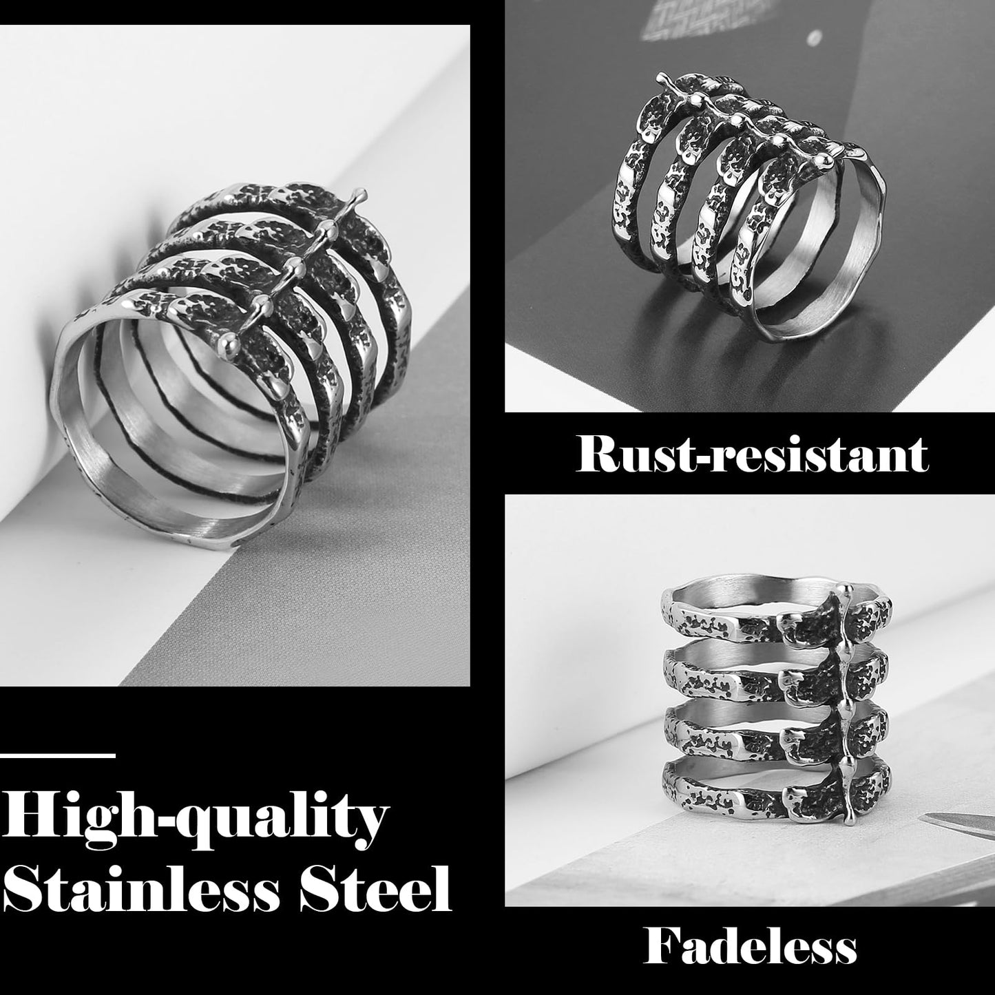 HZMAN Gothic Punk Spine Skeleton Ring Bone Stainless Steel Rings for Men Women Biker Jewelry Gift (Size,11)