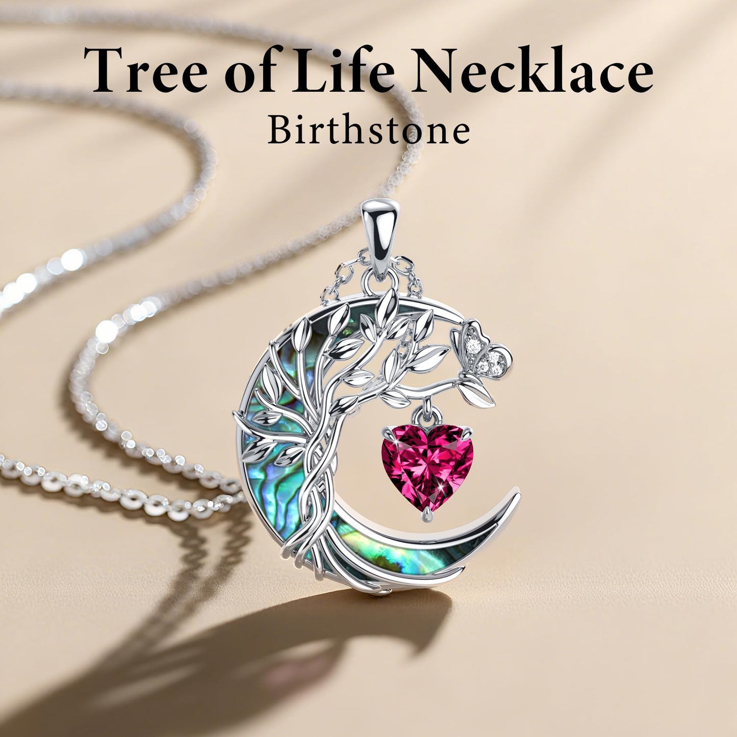 Distance Tree of Life Birthstone Necklace for Women, S925 Sterling Silver Premium Abalone Shell Moon Pendant July Heart Birthstone Necklace, Ruby Jewelry Christmas Birthday Gifts for Her Mom Wife