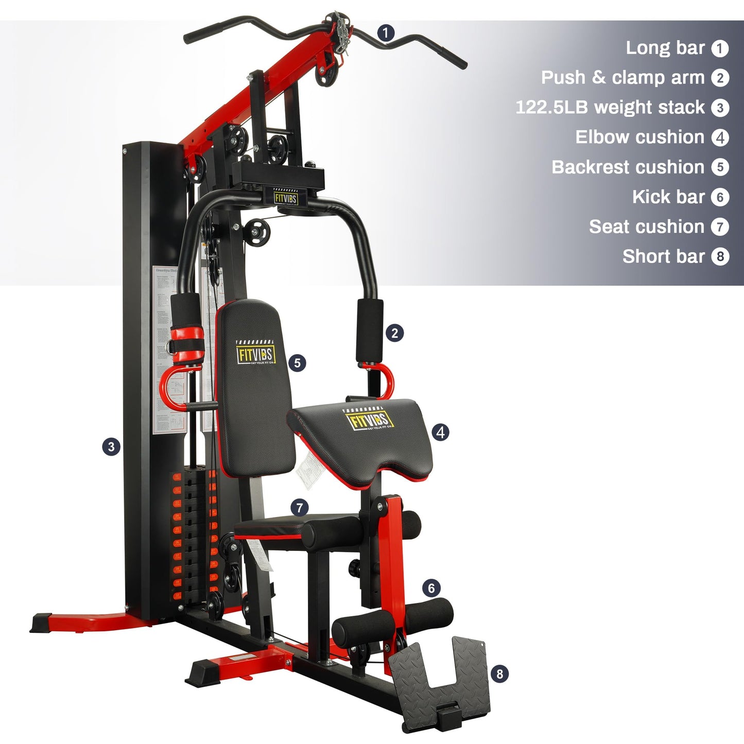 Fitvids Multifunctional Home Gym Equipment, Black/Red, with 122.5 lbs Weight Stack, Full Body Workout Weight Machine, All in One Exercise Equipment with Pulley System for Home Gym Strength Training