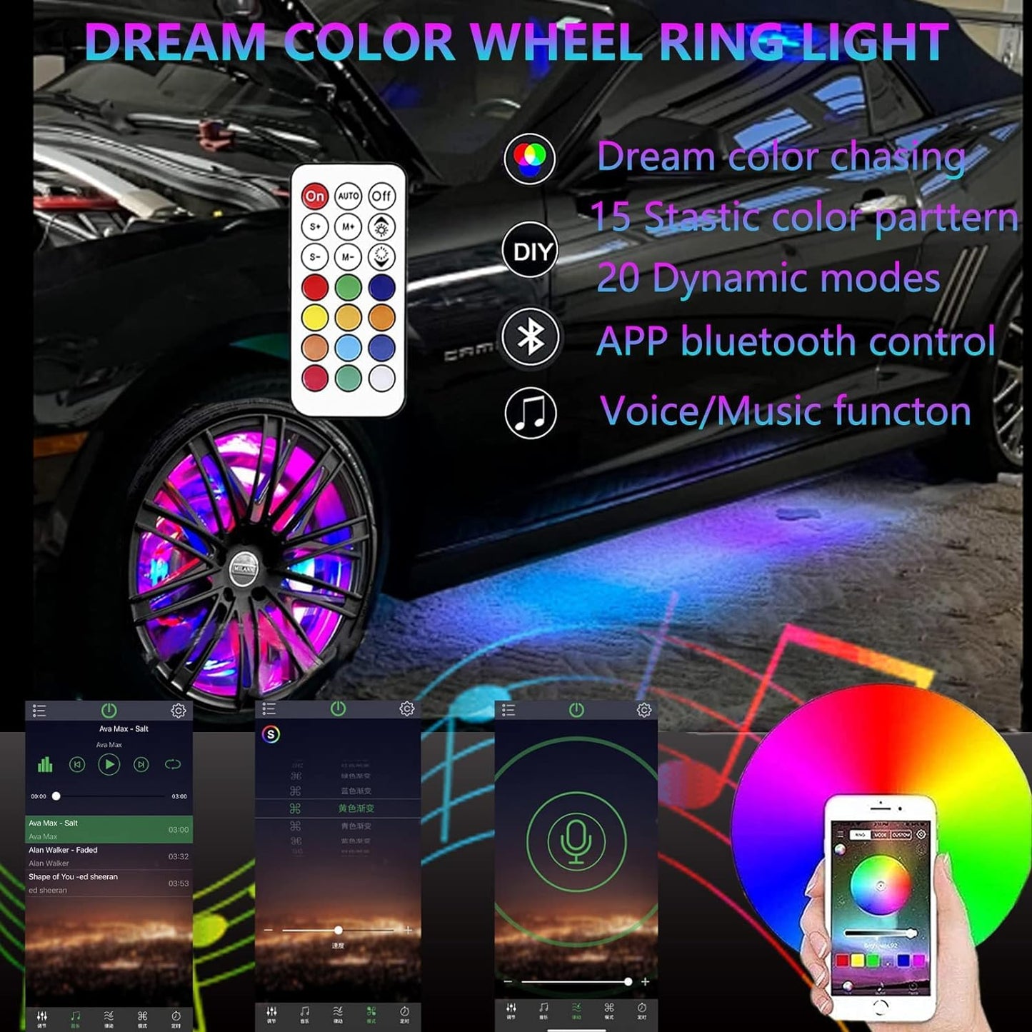 JXOFROAD 15.5'' RGB Color Changing Wheel Lights, Quad Rows 1152LEDs Brightest LED Wheel Lights,16 Million Colors APP Control,Waterproof Multicolor Wheel Ring for Truck Cat SUV Pickup Off-Road(4 PCs)