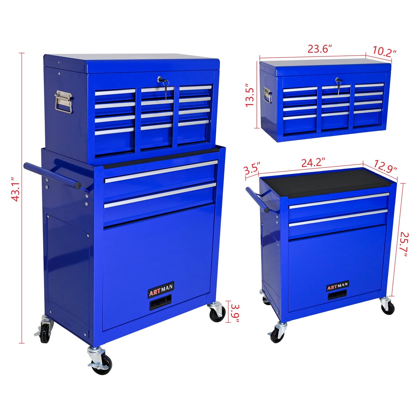 YOPTO High Capacity Rolling Tool Chest with Wheels and 8 Drawers,Metal Storage Tool Cabinet W/Mobile Case,Pull Handle,4 Hooks,for Workshop Mechanics Garage,Blue