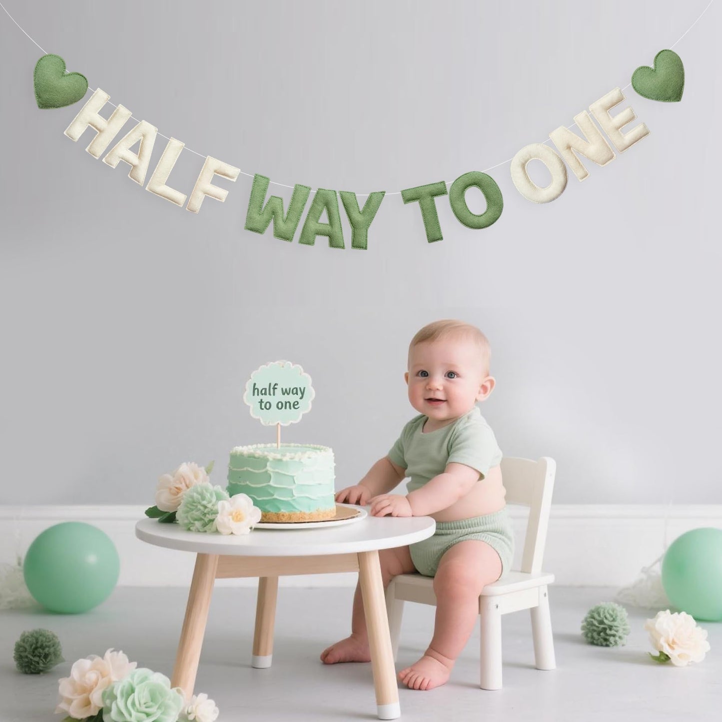 Sage Green Heart 1/2 Way to One Birthday Decoration Pre-Strung Handmade Felt Half Way To One Sign Banner for 6 Months Birthday Baby Boy Girl Neutral Decorations Party Nursery Home Wall Fireplace Decor