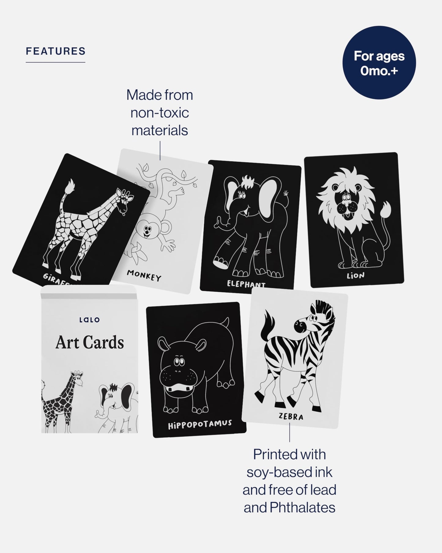 Lalo Art Cards - Set of 6 High Contrast Baby Cards for Infants - Printed with Soy-Based Ink, Lead & Phthalate-Free - Newborn Brain Development Toys - Safari Animals