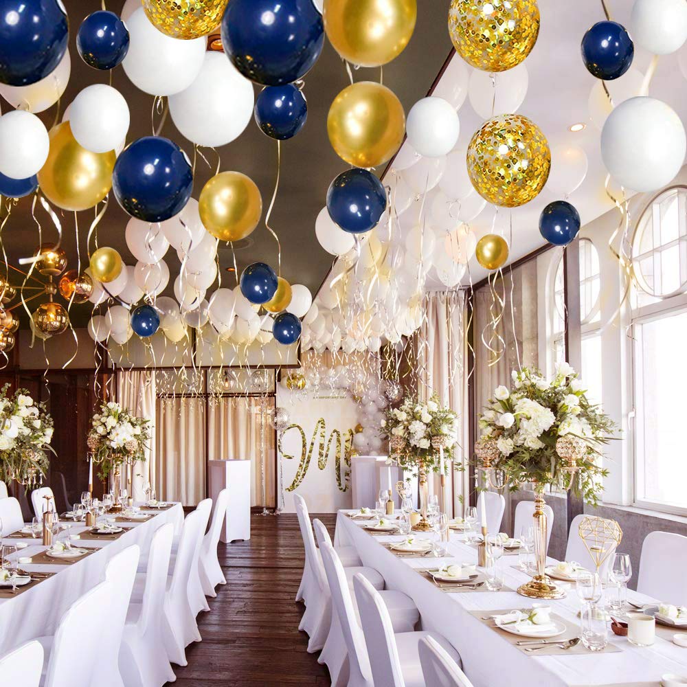 Navy Blue Gold Balloons Garland Kit, 120 pcs Navy and Gold Confetti White Balloons Arch for Graduation Birthday Party Baby Shower DIY Decoration