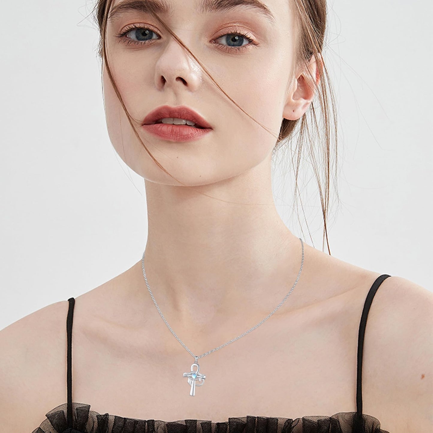 Eye of Horus Necklace S925 Sterling Silver Ankh Cross Necklace with Moonstone Egyptian Eye of Horus Protection Cross Jewelry Gifts for Women Birthday Christmas