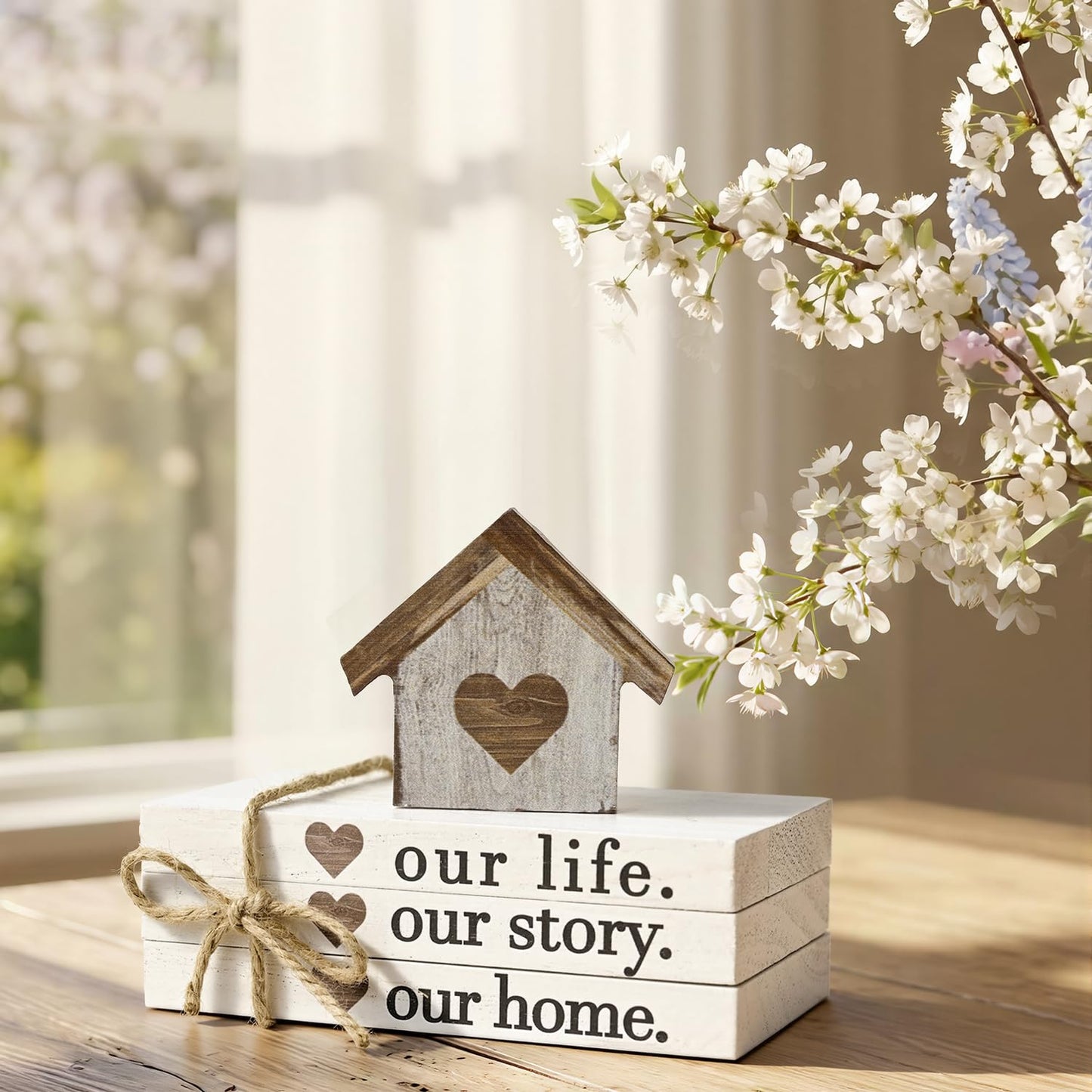 Smile Farmhouse Wooden Tabletop Decor Our Home Our Story Our Famliy Table Centerpiece, Block Sign Tiered Tray Decoration for Kitchen Shelves Desk Mantel