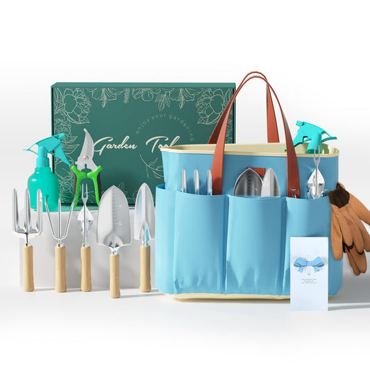 VerdantVibes 9-Piece Garden Tool Set - Heavy Duty Gardening Hand Tools with Ergonomic Non-Slip Grips, Rust-Resistant Shovel, Trowel, Rake, Pruner & Storage Bag - Ideal Gardening Gifts for Women