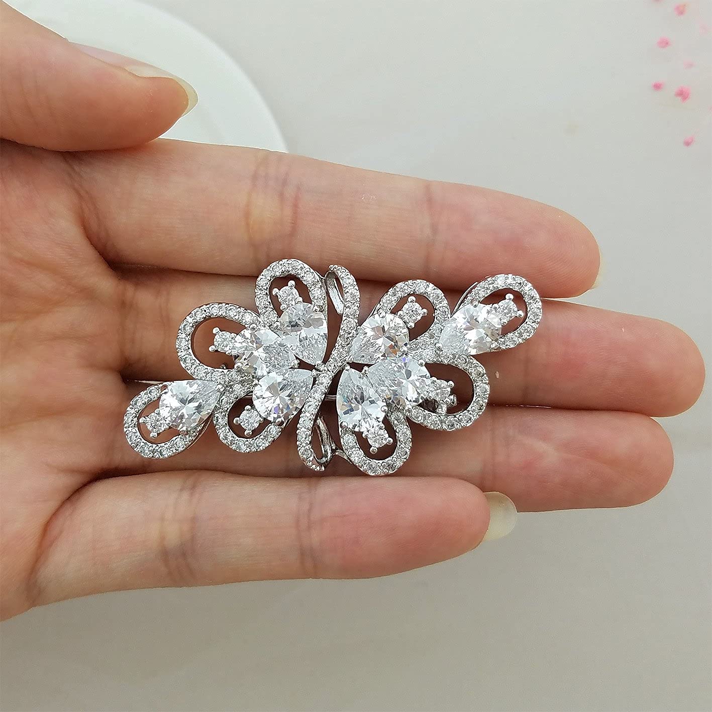 YOQUCOL White Cubic Zirconia Crystal Rhinestone Ribbon Shape Silver Tone Brooch Pin for Women Wedding Brides Jewelry
