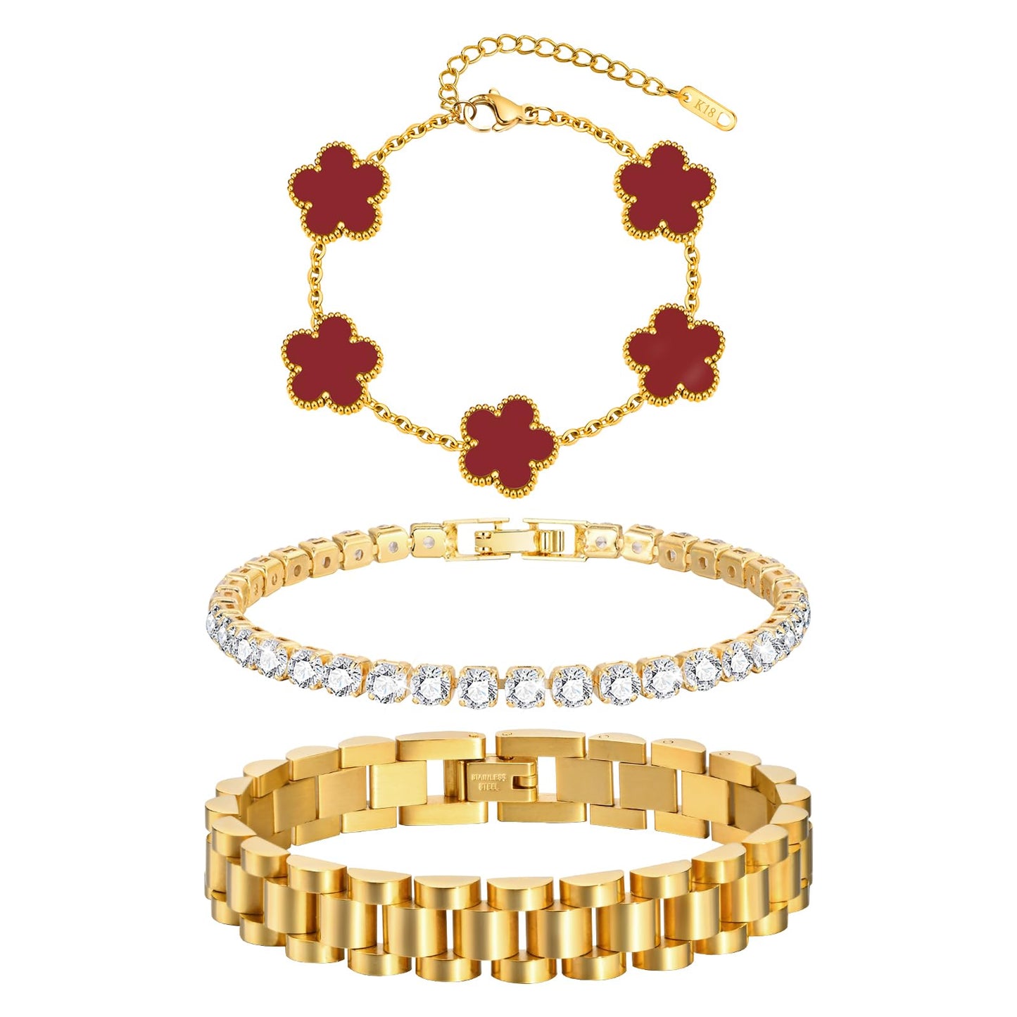 Stackable Gold Floral Bracelets Set - 3pcs 18K Gold Plated Bracelet Non-tarnish,Stainless Steel Link Chain Friendship Bracelet,Watch Band Trendy Jewelry,Christmas Valentines Birthday Gifts for Women