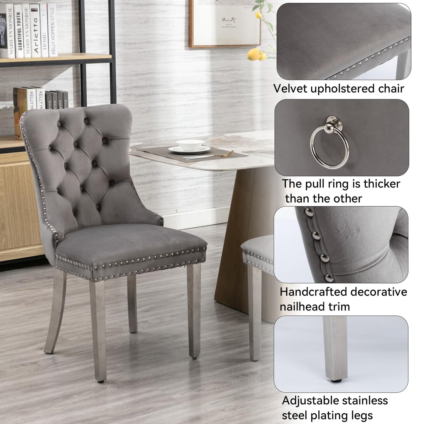 KUVADAZ 47.24" Modern Silver Glass Dining Room Table Set for 4, 5-Piece Round Kitchen Dining Table Set with Cross Metal Legs and 4 Grey Velvet Upholstered Chairs, Glass Kitchen Table and Chairs Set