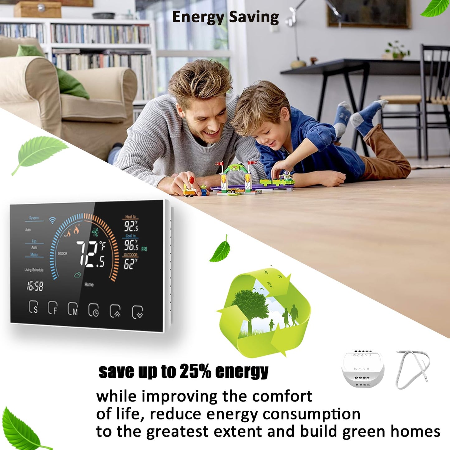 Bestechy Smart Thermostats for Home, Digital Thermostat with App, WiFi Thermostats for Home Heat Pumps, Cooling Heating & Auto, Includes C-Wire Adapter, LCD Screen/Voice Control/Weather/Energy Saving