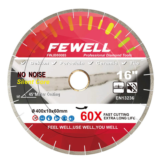 FEWELL 16inch Porcelain Bridge Saw Blade 45° Miter Cutting Double Step Silent Dekton Diamond Saw Blade 10mm Segment Wet Cutting Dekton Tile Porcelain Ceramic 400x10x60/50mm