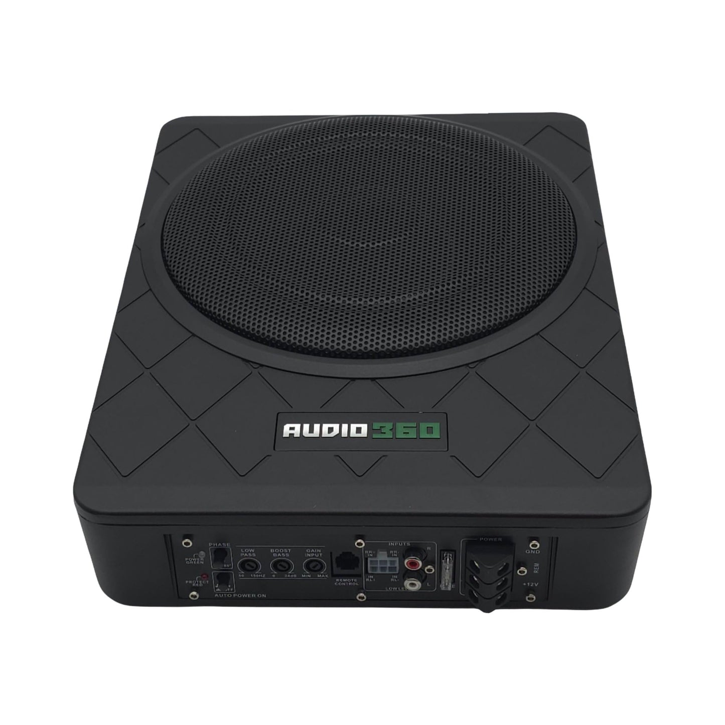 AUDIO360 AD1500US - 1500W 10-Inch Amplified Subwoofer, Under Seat, Adjustable Low Pass Filter, Bass Boost Control, Compact Design - Perfect for Car Audio Systems