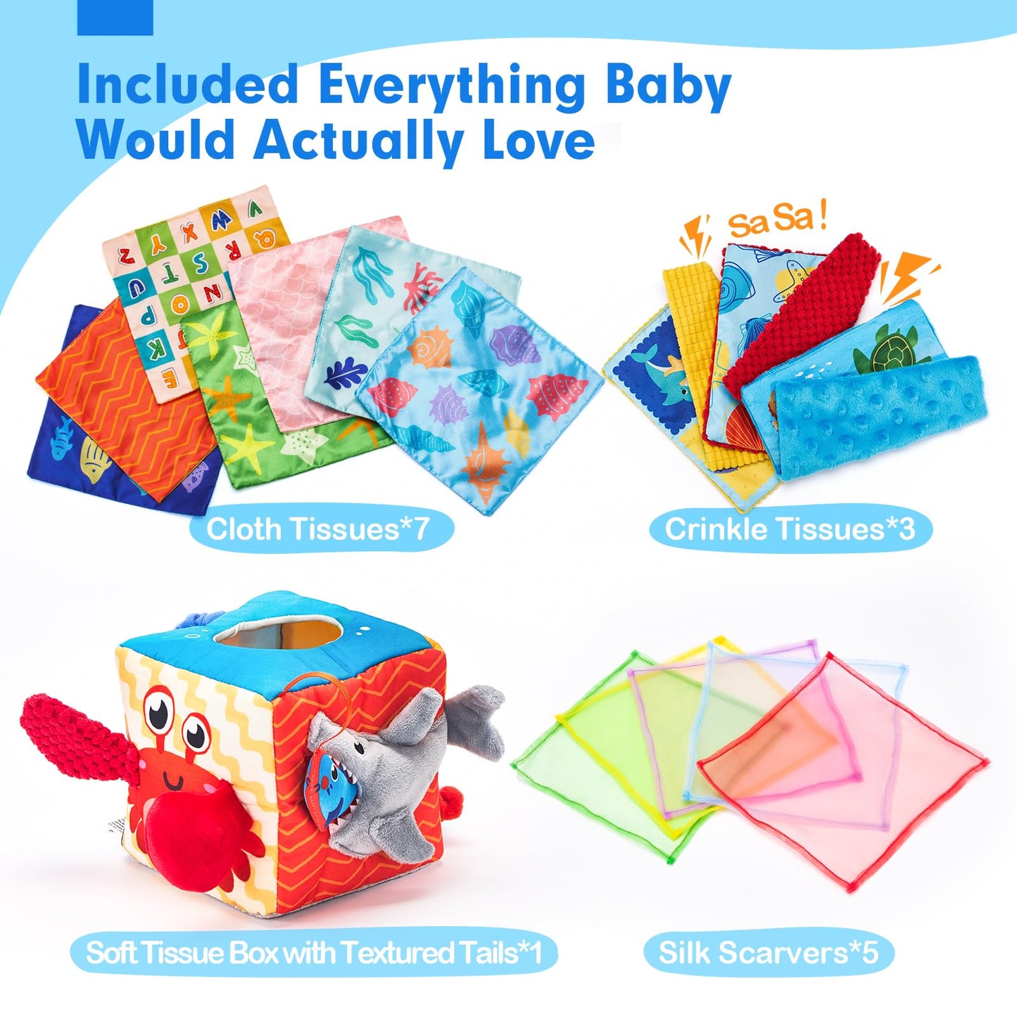 hahaland Baby Tissue Box Toy - Baby Toys 6-12 Months Montessori Toys for 6 Month Old with Textured Tails, Crinkle Tissues, Squeaky, Mirror, Play Silks Sensoy Scarves Baby Gifts 9 Month Old Travel Toys