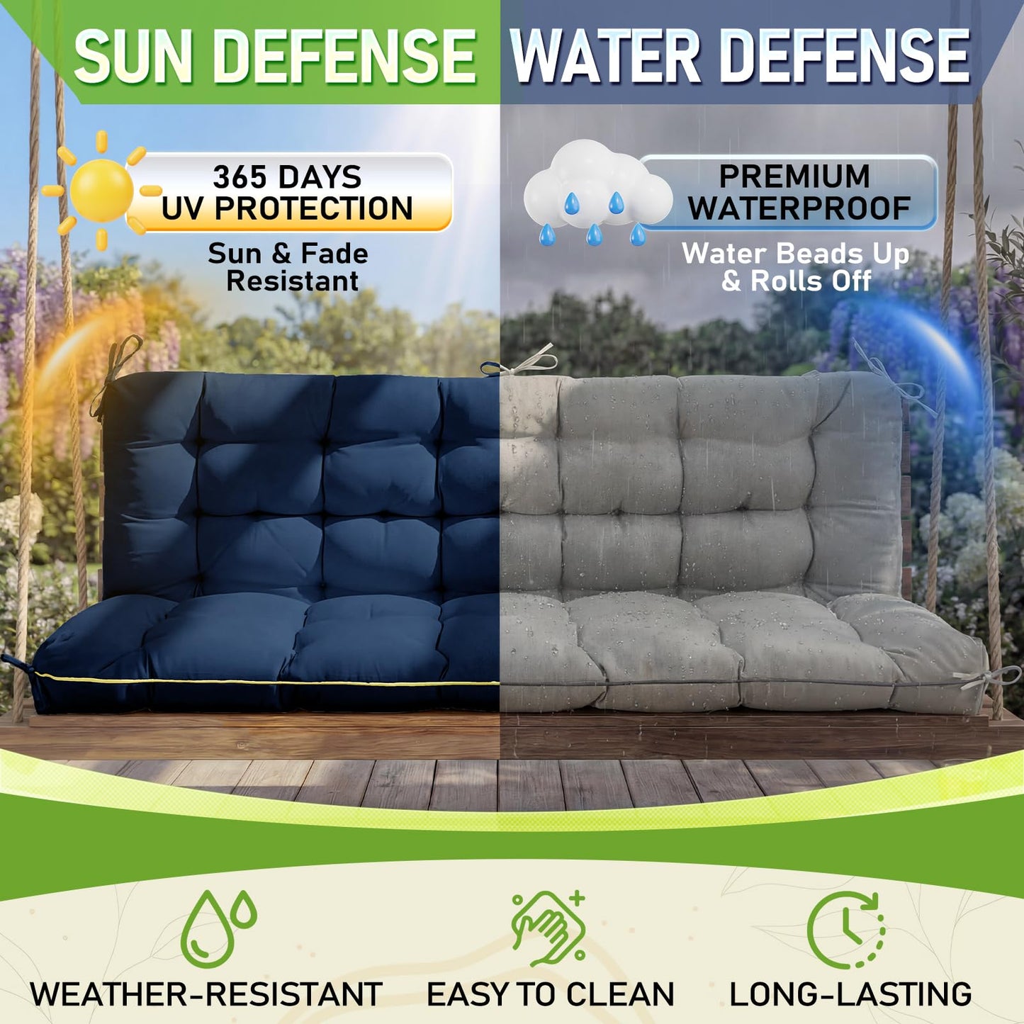 AS AWESLING 60×40 INCH Oxford Fabric Swing Cushions with Backrest & Tie Straps - Crushed Sponge Filled for Outdoor Patio Bench, 2-3 Seater Replacement for Swing Chair (Blue, 60 INCH × 40 INCH)