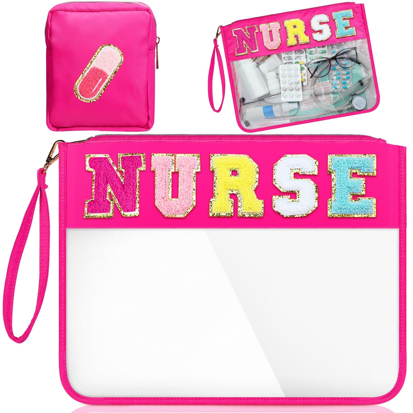 Hillban 2 Pcs Nurse Week Gift Makeup Cosmetic Bag Nurse Appreciation Gift for Women Clear Chenille Letter Bag Toiletry Zipper Pouch Waterproof Travel Purse Survival Kit Medical Accessories
