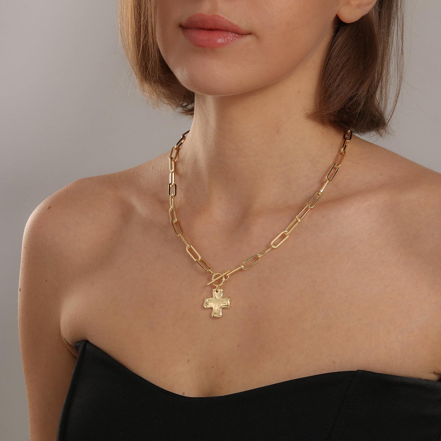 Bheop Chunky Cross Necklace for Women Trendy 14K Real Gold Plated Statement Cross Pendant Charm Necklace Toggle Clasp Long Big Paperclip Faith Chain Costume Jewelry Gift Non Tarnish 2CM