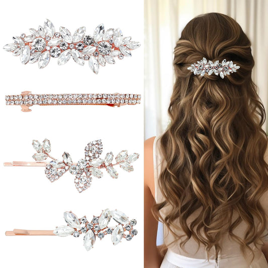4 Pieces Rhinestone Hair Clips Leaf Wedding Hair Pins Crystal Bobby Pins Bridal Hairpin Barrette for Brides Bridesmaids Flower Girls (Rose Gold)