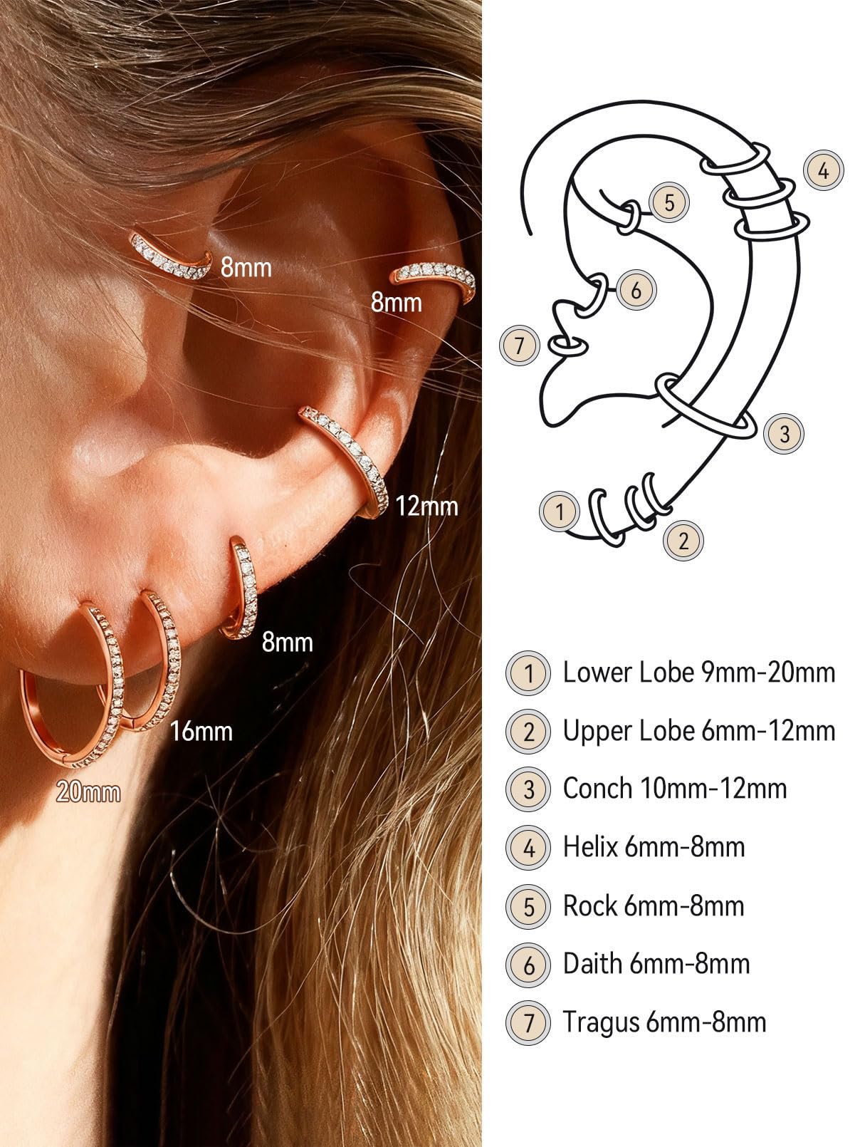 FaithHeart Cubic Zirconia Hoop Earrings for Women, Rose Gold Hypoallergenic Huggie Hoop Earrings, Small Cartilage Earrings for Women 16mm, Send Gift Box