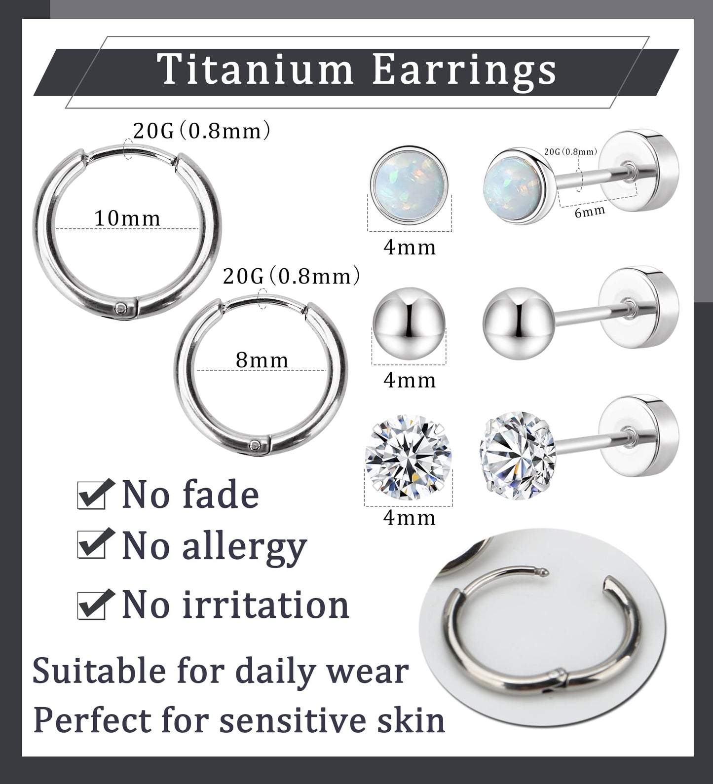 MJust Titanium Earrings for Sensitive Ears 20G Hypoallergenic Stud Hoop Earrings for Women Men Opal Ball CZ Heart Pearl Flat Back Earrings Cartilage Earrings Set