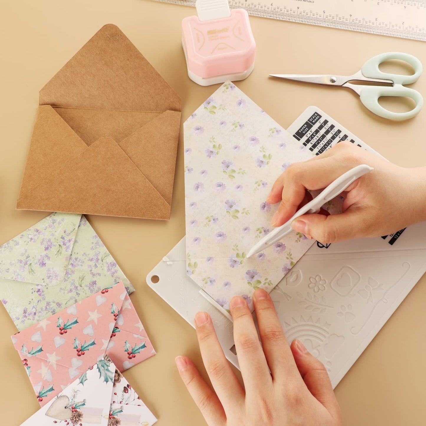 2Pcs Score Board Multi-Purpose Scoring Board Envelope Maker with Bone Folder and 3 in 1 Corner Rounder Paper Punchfor Card Making and DIY Projects Multi- Purpose Scoring Board & Score and Fold Tools