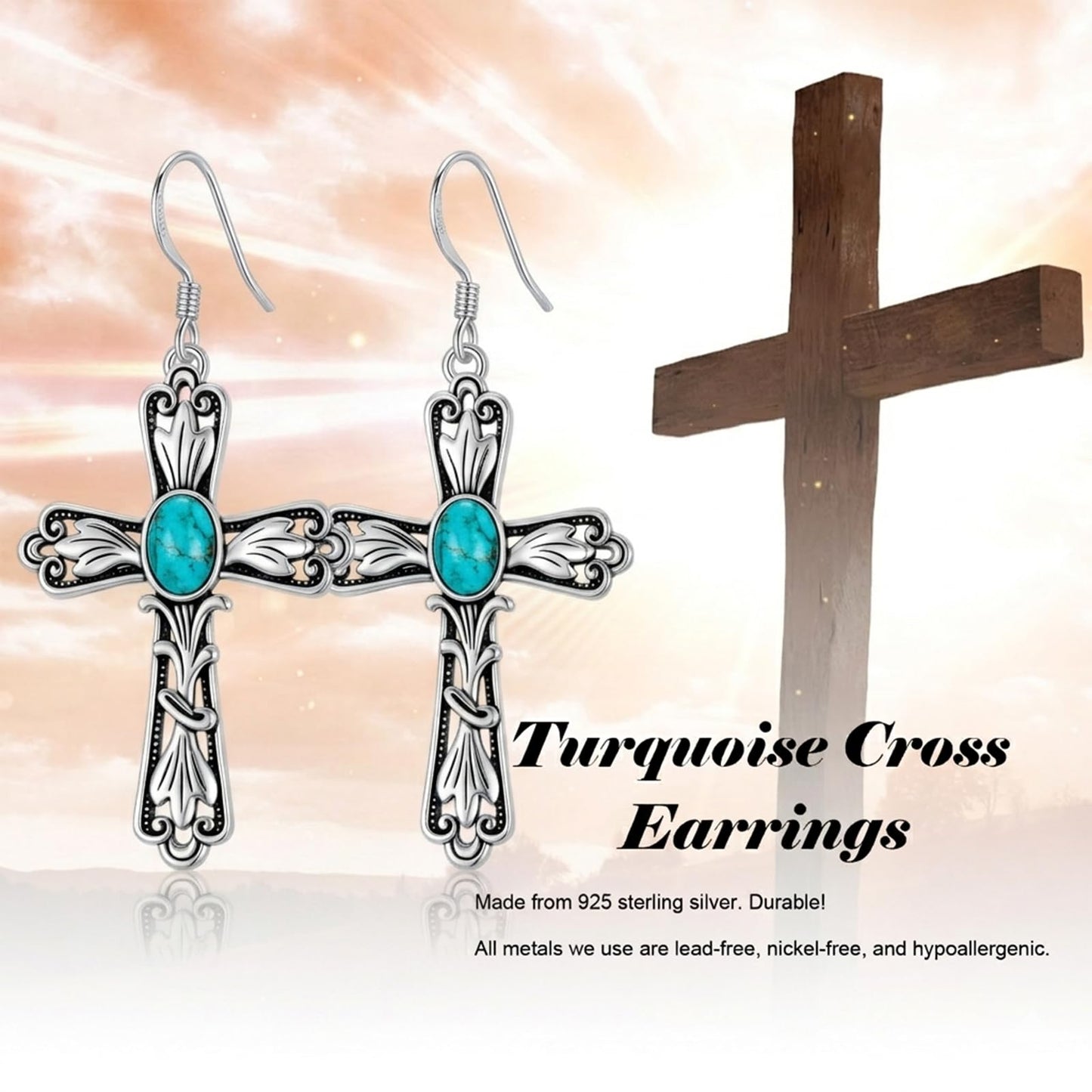 Eetaitai Natural Turquoise Earrings for Men Women 925 Sterling Silver Cross Western Dangle Earrings Boho Jewelry Mothers Day Gifts for Mom Wife Sister