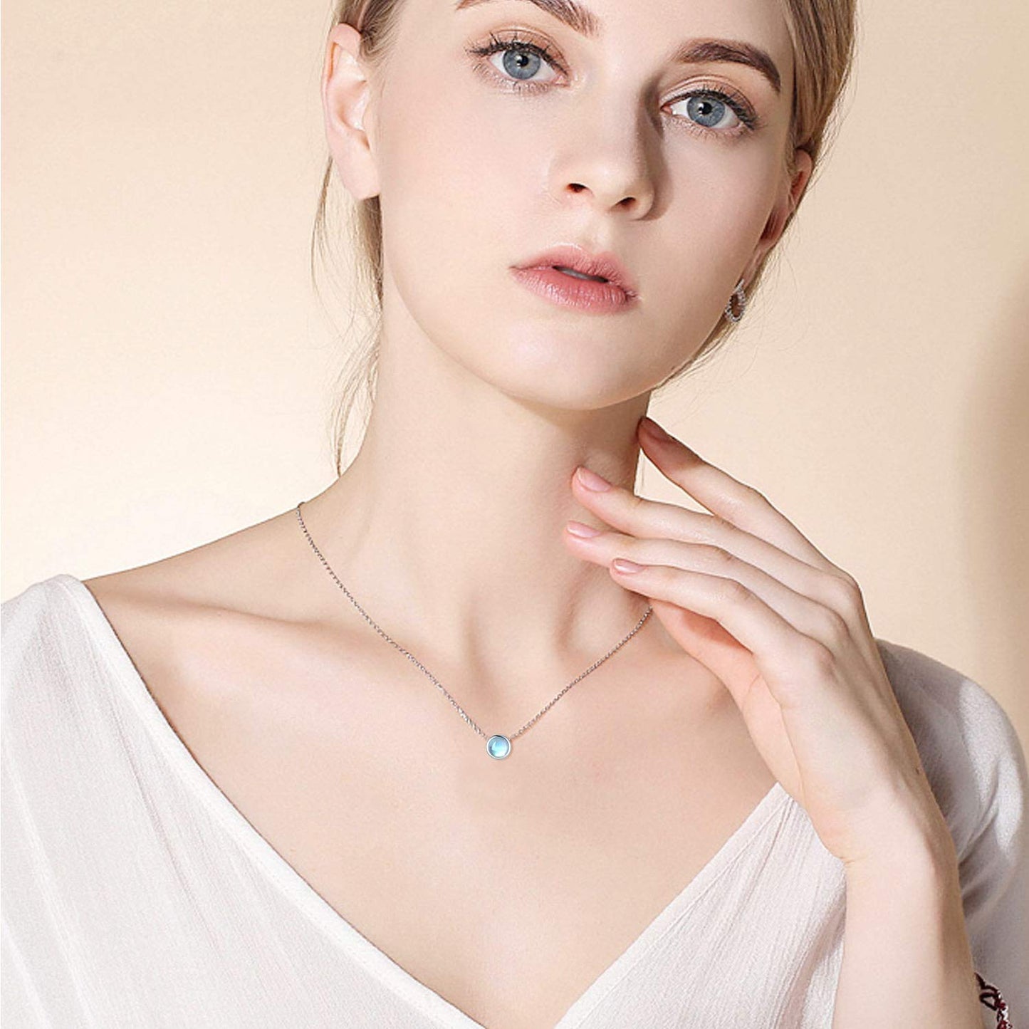 CUOKA MIRACLE Moonstone Necklace Choker Necklace for Women Rainbow Synthetic Moonstone with Sterling Silver Chain 16-18 Inches Adjustable Dainty Short Necklace Gift for Women