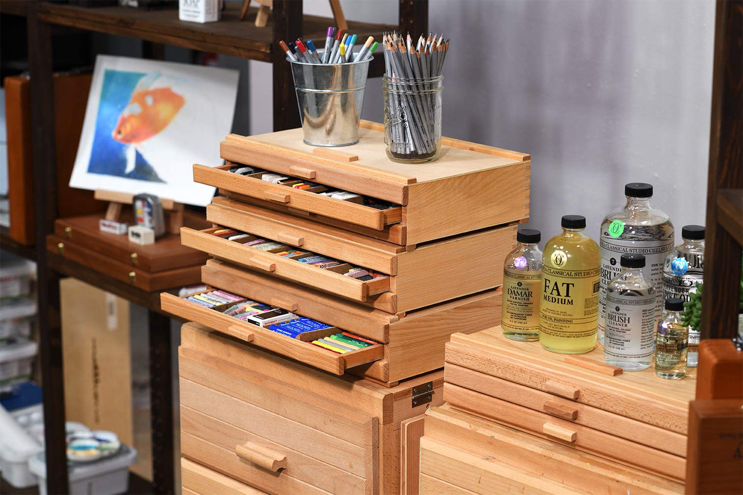 Creative Mark Pastel Storage Box, 3 Drawer Wood Box with Foam Lining, Sturdy and Stackable Art and Craft Supplies Storage Box for Artist Tools, Pens, Pencils and More, Natural Finish
