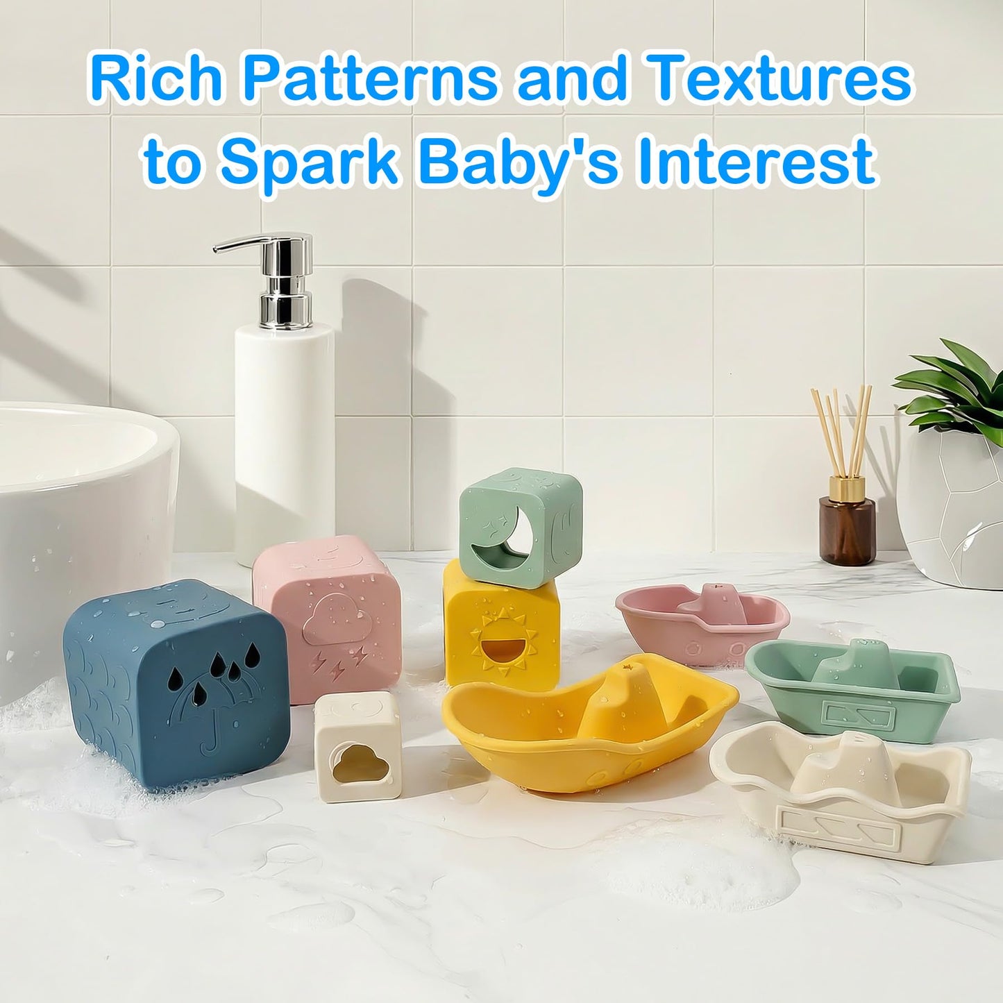 MCGMITT Baby Bath Toys for Kids Ages 1-3, 12 PCS Silicone Mold Free Bathtub Toys for 6-12 Months, Soft Stacking Cups & No Hole Duck & Floating Boats, Beach Sand Water Table Pool Toys for Toddlers