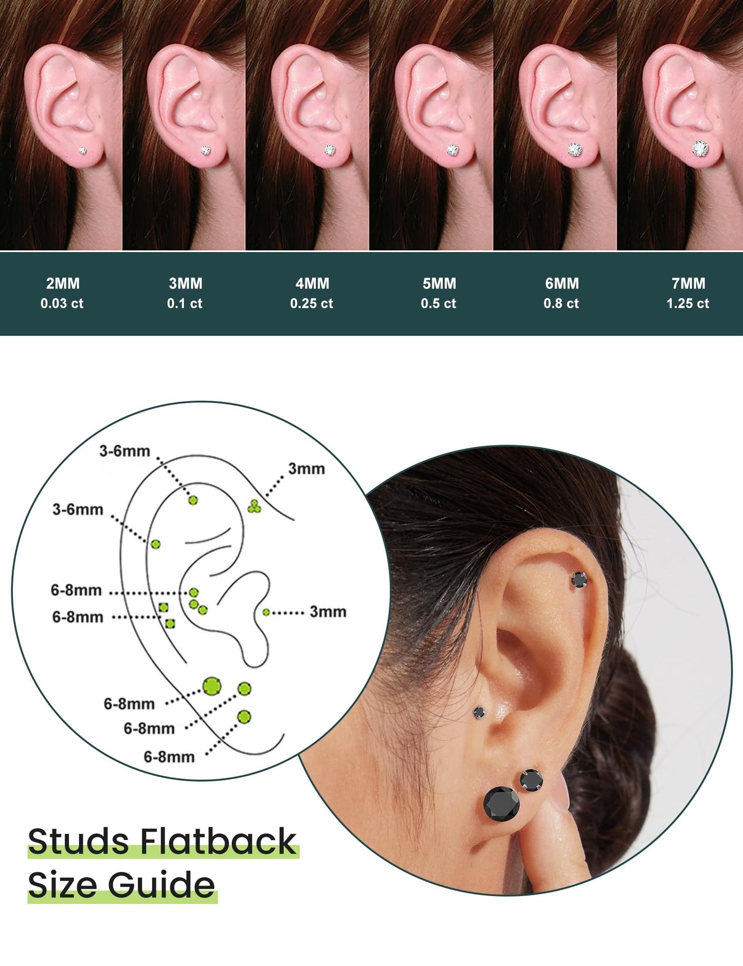 6 Pairs Hypoallergenic Cubic Zirconia Earrings Surgical Steel Flat Back Studs for Cartilage, Screw Back Fashion Jewelry