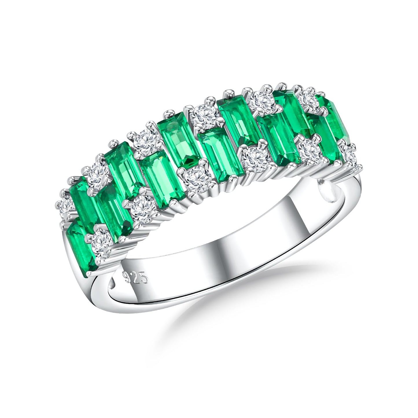 RANDES Womens Eternity Wedding Bands Emerald Ring 925 Sterling Silver Band Emerald Engagement Ring 7mm Wide Green Stone Ring Size 9