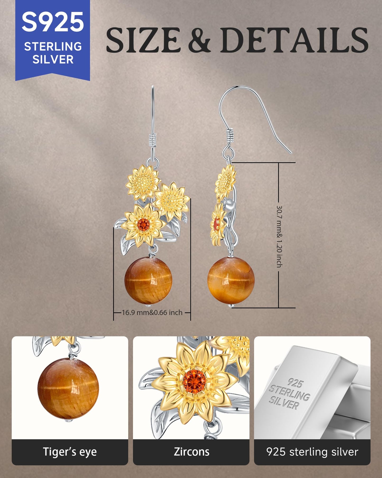 Gold Sunflower Earrings for Women - 925 Sterling Silver Dangle Earrings with Tiger’s Eye Women’s Jewelry Gift for Birthday, Valentine’s Day