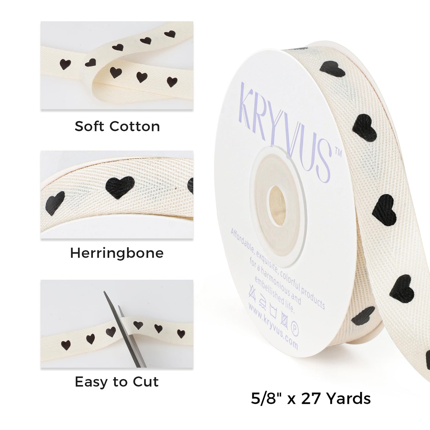 Kryvus Black Hearts Ribbon, 5/8 Inch x 27 Yards Natural Twill Tape Ribbons, Cotton Herringbone Ribbon for Gift Wrapping, Valentine's Day, Birthdays, Wedding Decorations, Anniversaries, Mother's Day