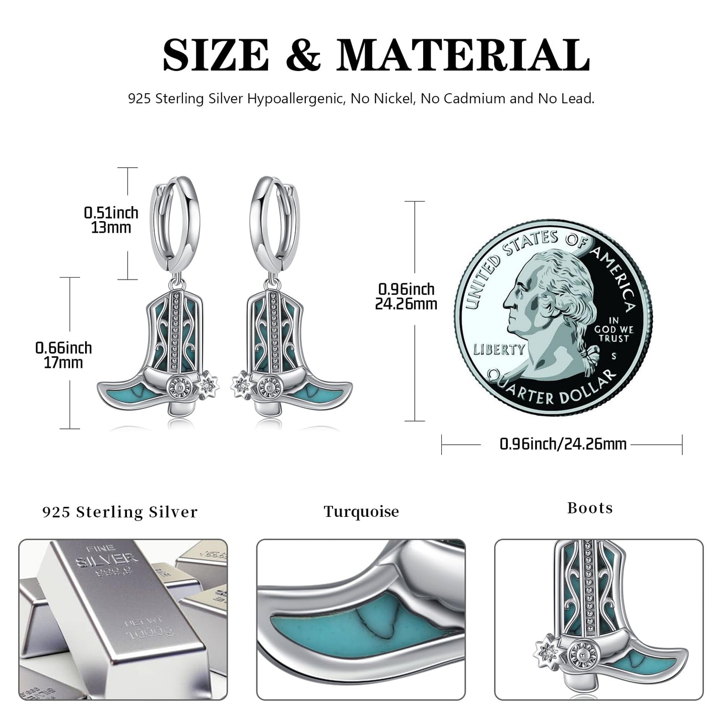 KoyeKei Cowgirl Boot Hoop Earrings Country 925 Sterling Silver Turquoise Western Cowboy Texas Boot Dangle Drop Earrings Country Jewelry Gifts for Mom Women
