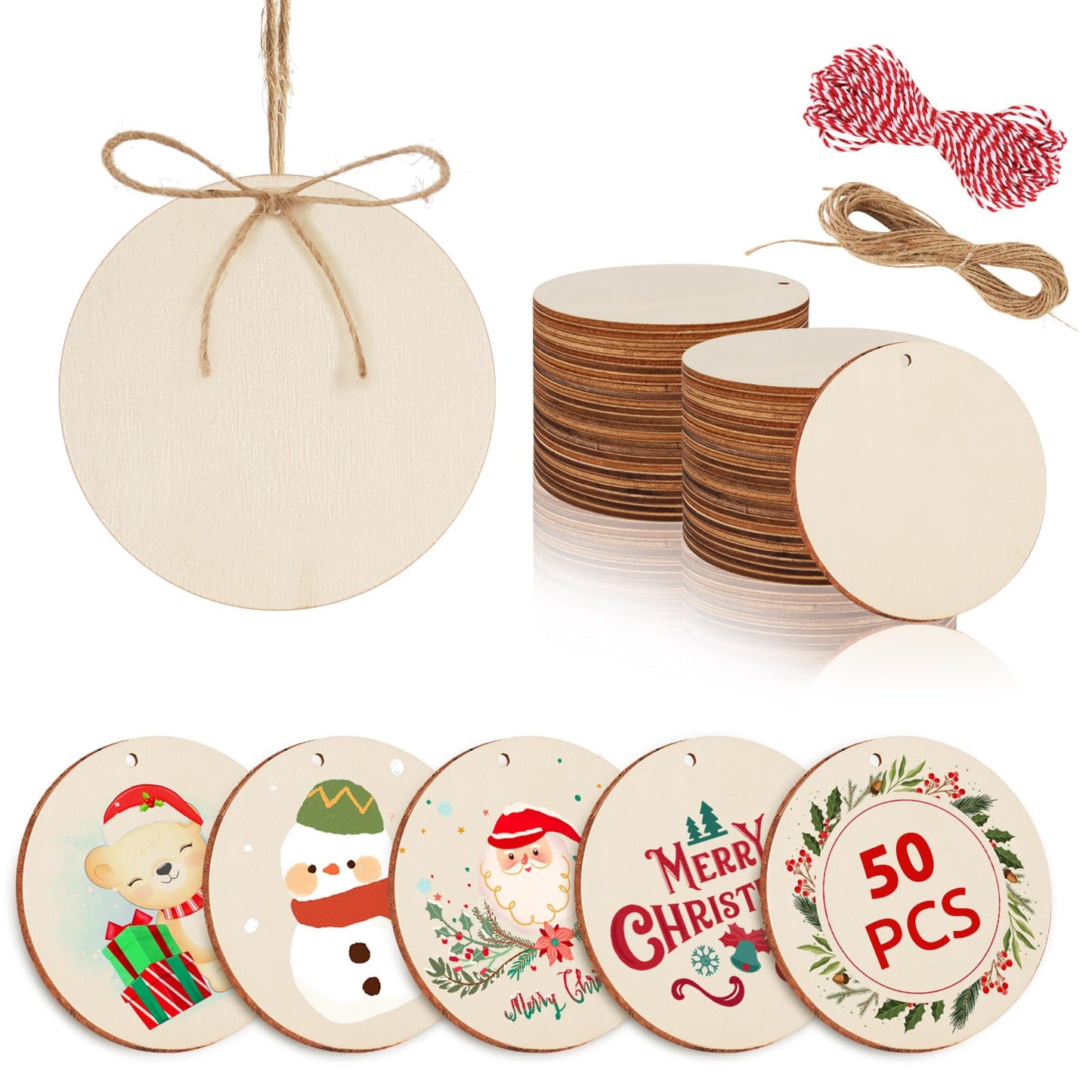 Philorn 50pcs Wooden Ornaments for Crafts 3.5" Unfinished DIY Wooden Ornaments, Predrilled Wood Slices Circles for Crafts Paint Holiday Hanging Decorations