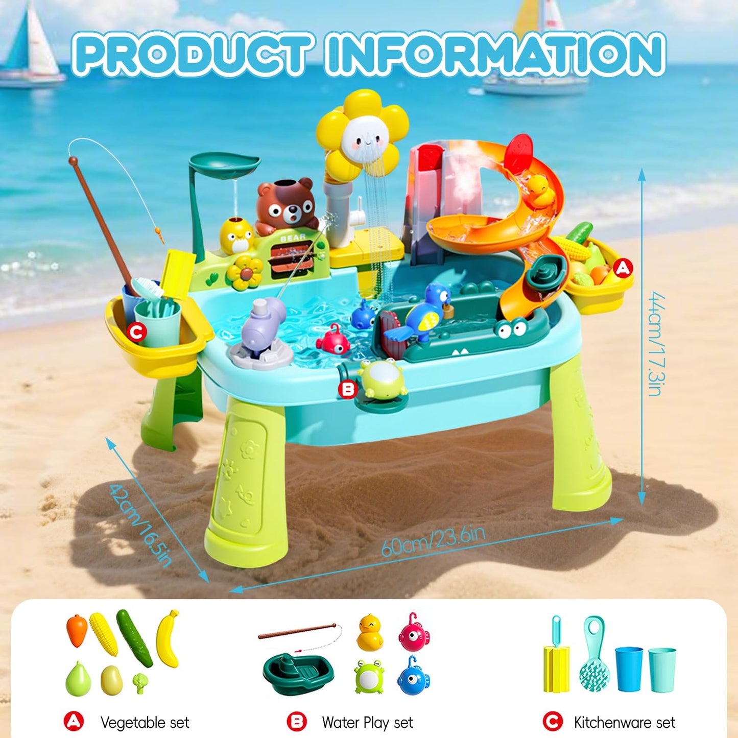 Ploomi Upgraded Toddler Sand Water Table Toy with Electric Water Pump, Kids Sand Water with Faucet/Play Food Accessories/Fishing Toy, Kitchen Play Sink Toys for Girl Boy Age 3+ (Light-Blue)