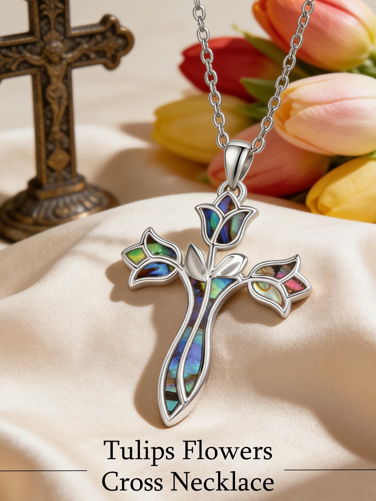 Dreamboat Abalone Flower Cross Necklace for Women 925 Sterling Silver Cross Pendant Tulip Necklace Abalone Jewelry Christianity Religious Confirmation Baptism Gifts for Women