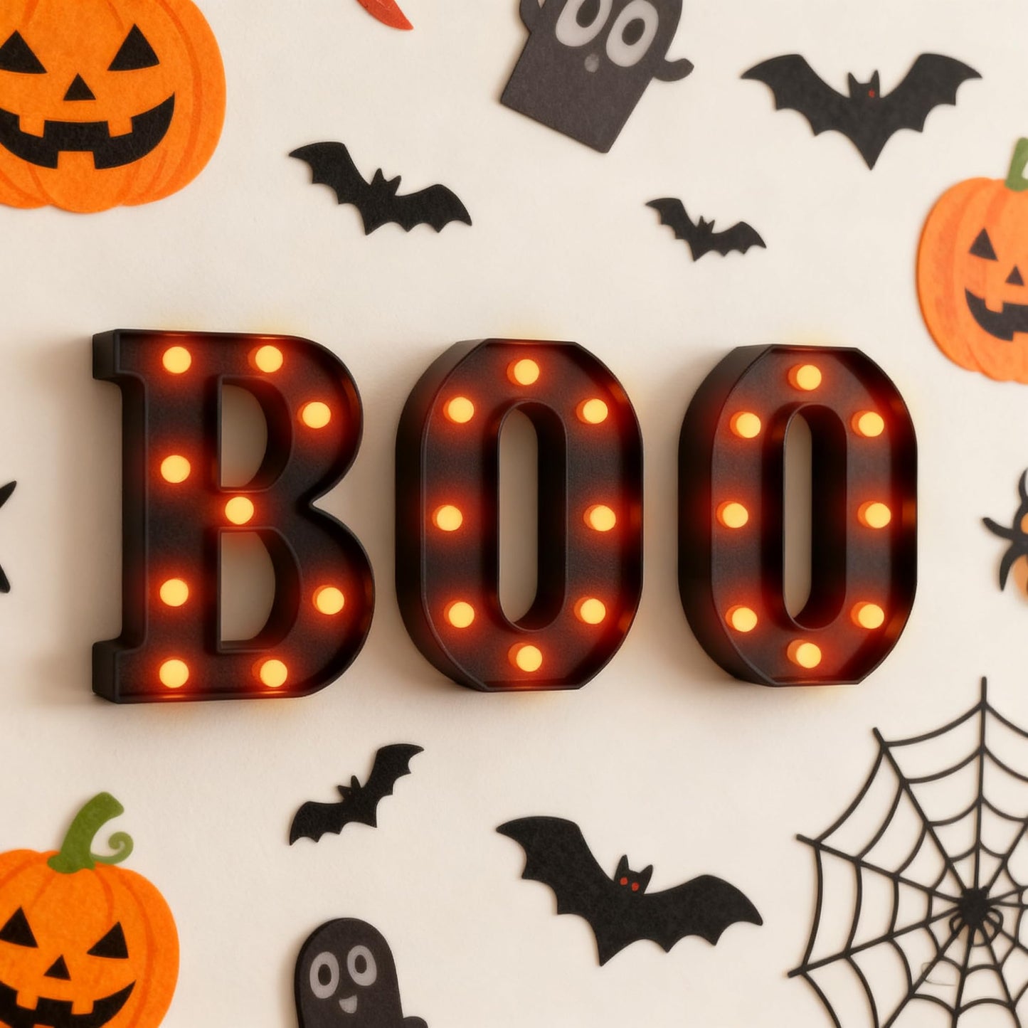 Halloween LED Marquee Letters “BOO” Set - 3 Pcs Black Alphabet Lights with Orange Glow, Perfect for Halloween, Christmas,Birthday Party, Bar Decor, Battery - Operated Ambience Lamps