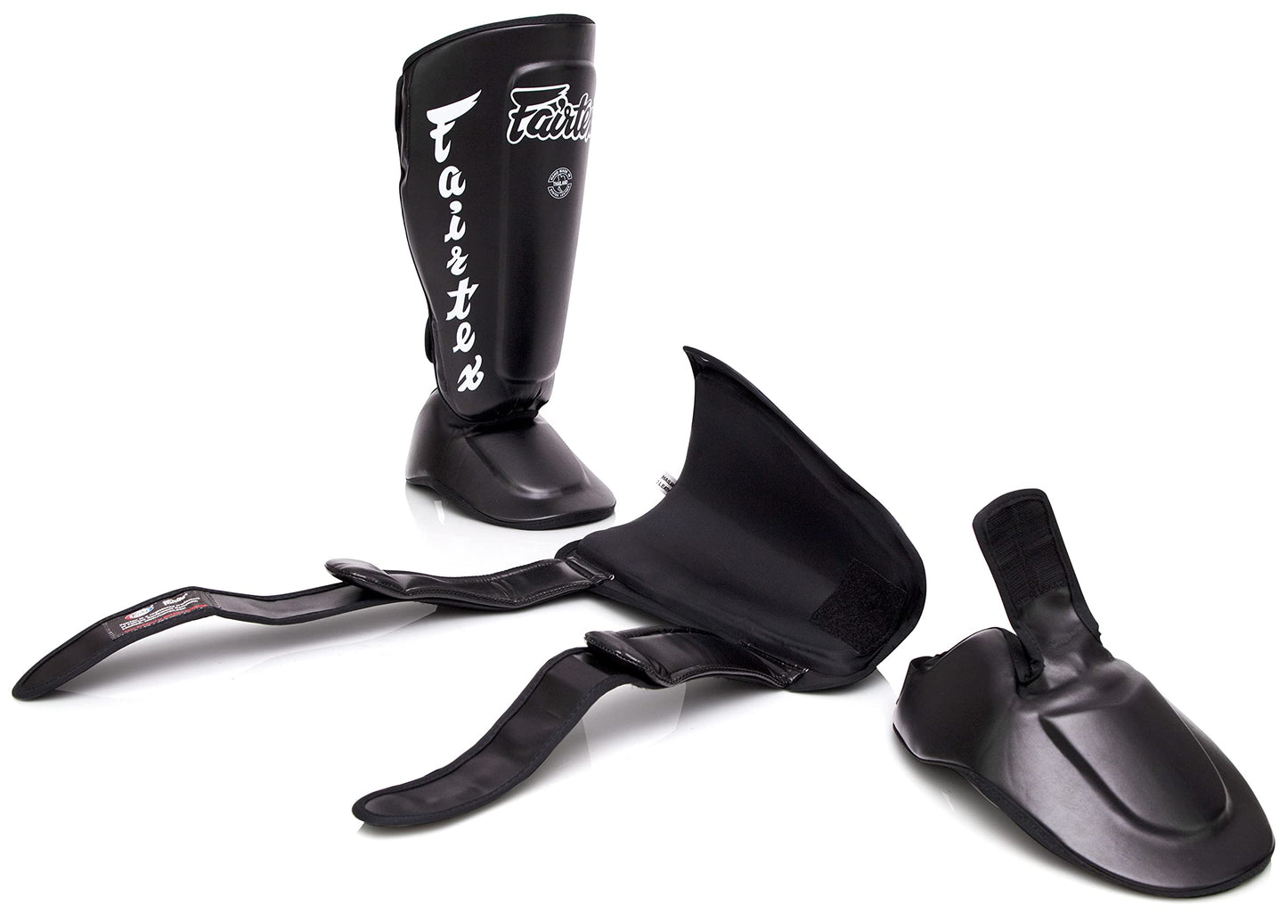 Fairtex SP7 Muay Thai Shin Guards for Men, Women, Kids | Shinguards Made with Syntek Leather & are Premium, Lightweight & Durable | Detachable shin & Foot Protector- Medium, Black